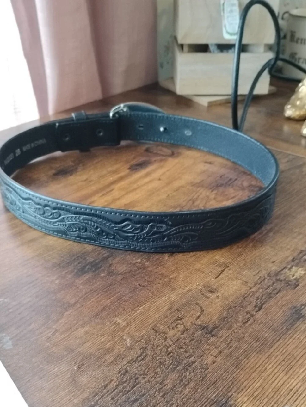 Children's Black Tooled Leather Belt with Silver Bull Buckel